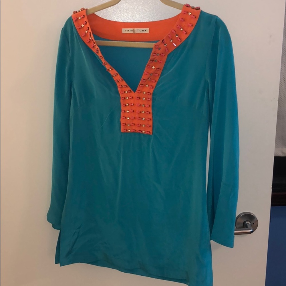Trina Turk Blue/Orange Beaded Silk Tunic
